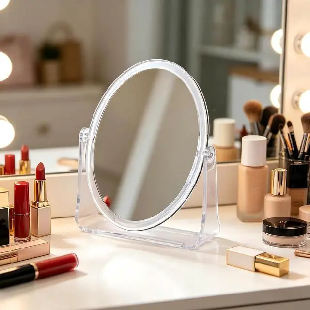 Alt view image 2 of 7 - 1x/1x Double-Sided Makeup Mirror, Clear Acrylic Desktop Mirror, 360-Degree Rotating Portable Desktop Mirror, Ideal for Makeup Application, Shaving, and Daily Skincare (Clear, Oval)