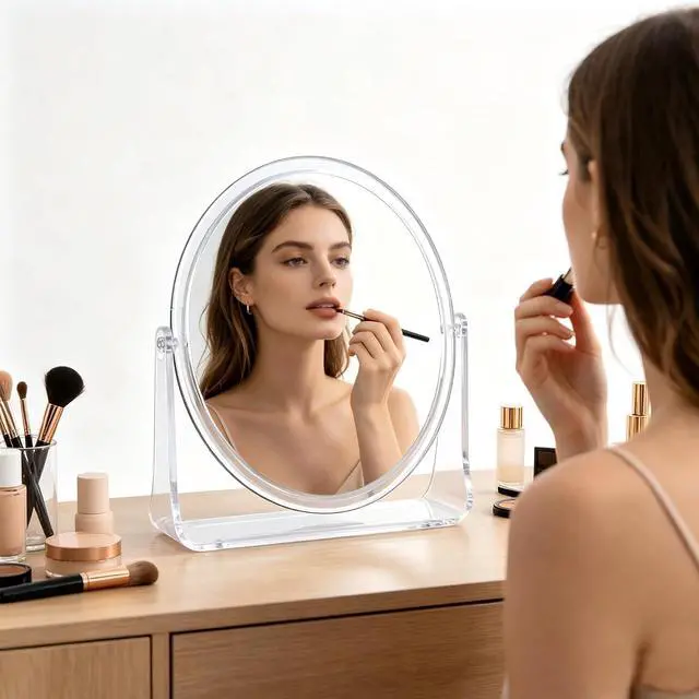 Alt view image 4 of 7 - 1x/1x Double-Sided Makeup Mirror, Clear Acrylic Desktop Mirror, 360-Degree Rotating Portable Desktop Mirror, Ideal for Makeup Application, Shaving, and Daily Skincare (Clear, Oval)