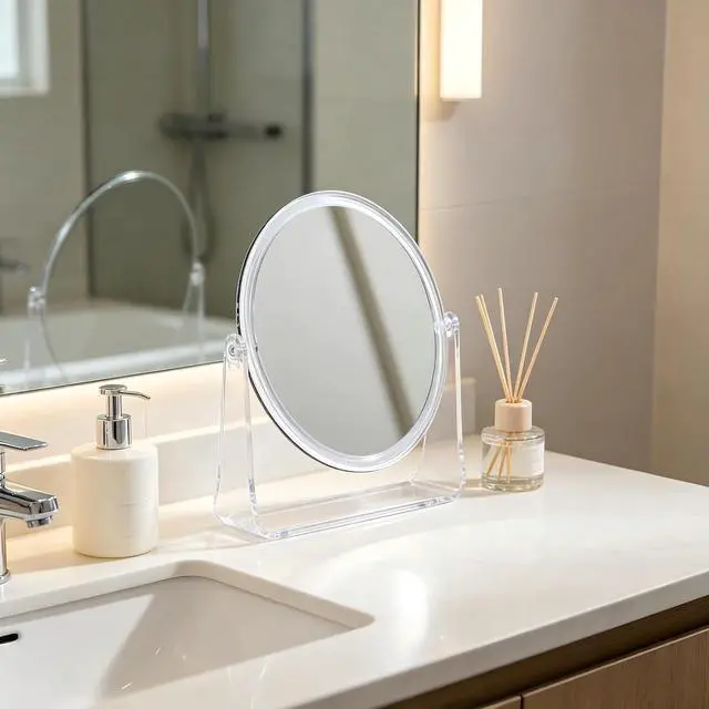 Alt view image 7 of 7 - 1x/1x Double-Sided Makeup Mirror, Clear Acrylic Desktop Mirror, 360-Degree Rotating Portable Desktop Mirror, Ideal for Makeup Application, Shaving, and Daily Skincare (Clear, Oval)