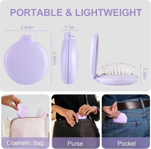Alt view image 2 of 7 - Folding Hair Brush with Mirror for Women Men and KidsPortable Compact Hair Brush for Purse Pocket Bags, Travel Size Foldable brush with Case, Easy to Carry(Purple)