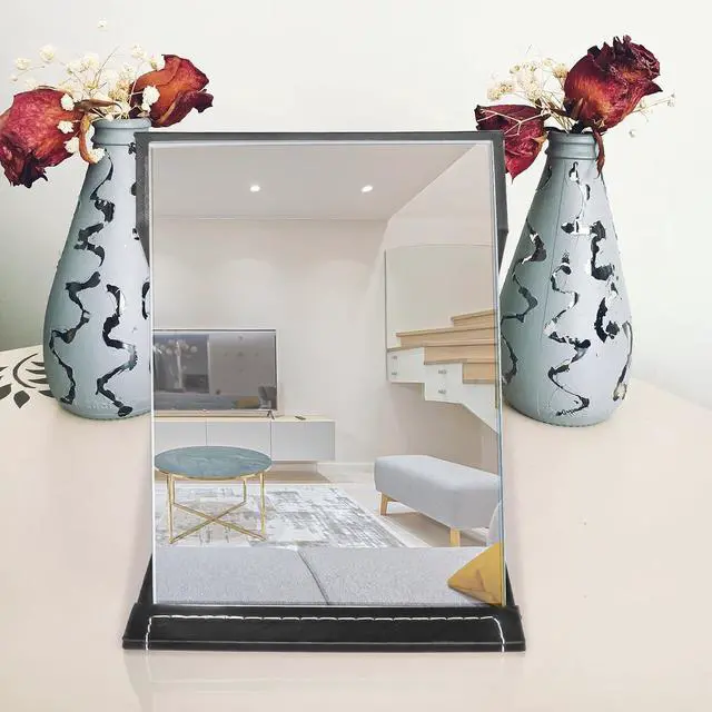 Alt view image 5 of 7 - 7x10 Inches Makeup Mirror, Portable PU Leather Folding Desktop Vanity Mirror with Adjustable Stand for Vanity Table, Office, Travel (L, Black)