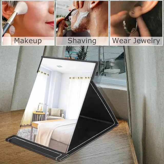 Alt view image 7 of 7 - 7x10 Inches Makeup Mirror, Portable PU Leather Folding Desktop Vanity Mirror with Adjustable Stand for Vanity Table, Office, Travel (L, Black)