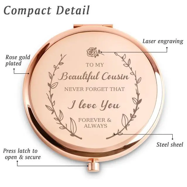 Alt view image 2 of 5 - Personalized Gifts for Cousin, Custom Cousin Gifts for Birthday, Engraved Compact Mirror, Mothers Day Basket Stuffers