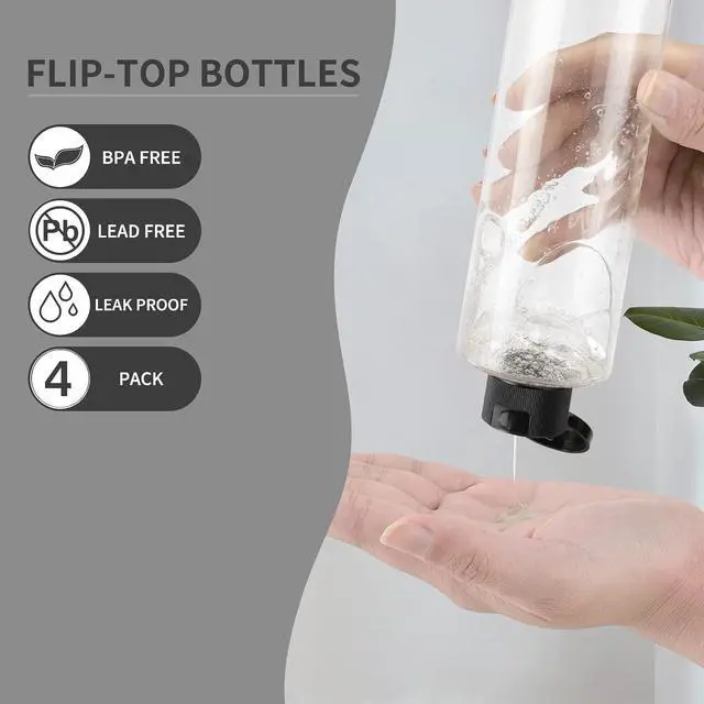Alt view image 2 of 6 - LISAPACK 8.3oz Travel Bottles for Toiletries, Plastic Shampoo Containers | 250ml large empty dispenser for liquid, conditioner, soap, body wash, clear travel size small (4 Pcs) with lids, leak proof