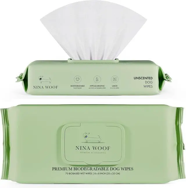 Alt view image 2 of 7 - Nina Woof Dog Wipes Fragrance-Free, Alcohol-Free, Hypoallergenic Pet Grooming Wipes with Aloe Vera, Biodegradable, for Dogs & Cats: Paws, Face, Ears & Butt (70 Count)