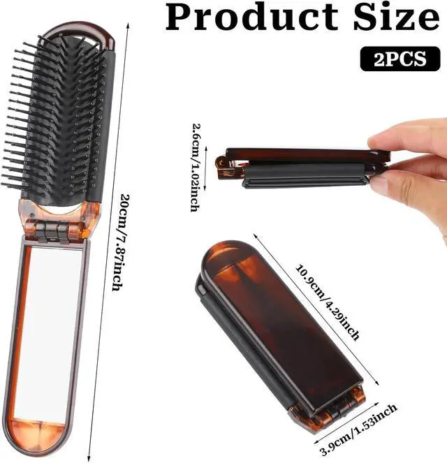 Alt view image 3 of 7 - Compact Folding Hair Brush with Mirror, 2-Pack Portable Travel Comb and Mini Hair Brush Set for Women, Gym, Trips, Purse, and Swimming