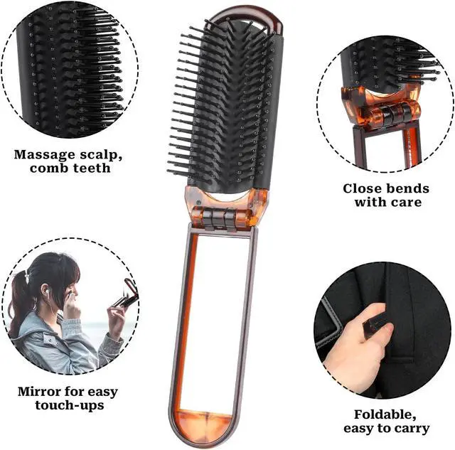 Alt view image 4 of 7 - Compact Folding Hair Brush with Mirror, 2-Pack Portable Travel Comb and Mini Hair Brush Set for Women, Gym, Trips, Purse, and Swimming