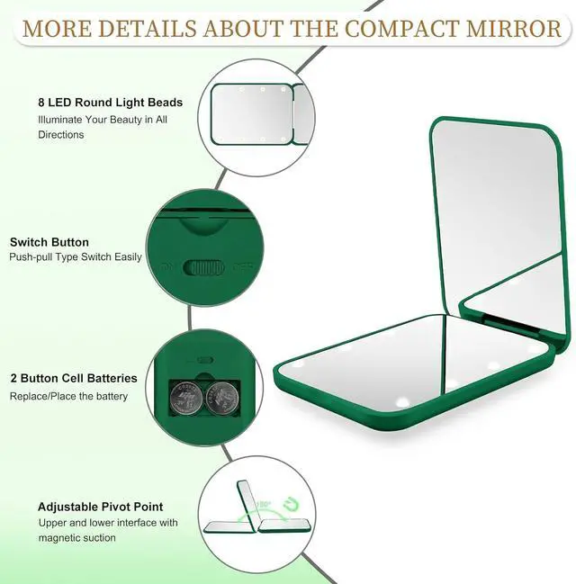 Alt view image 3 of 7 - Compact Mirror with Light, 1X/3X Magnification LED Pocket Mirror for Women | Portable, Travel, Purse, Pocket, Gift, green, mini, small, essentials, led, fiberglass, batteries, rectangular