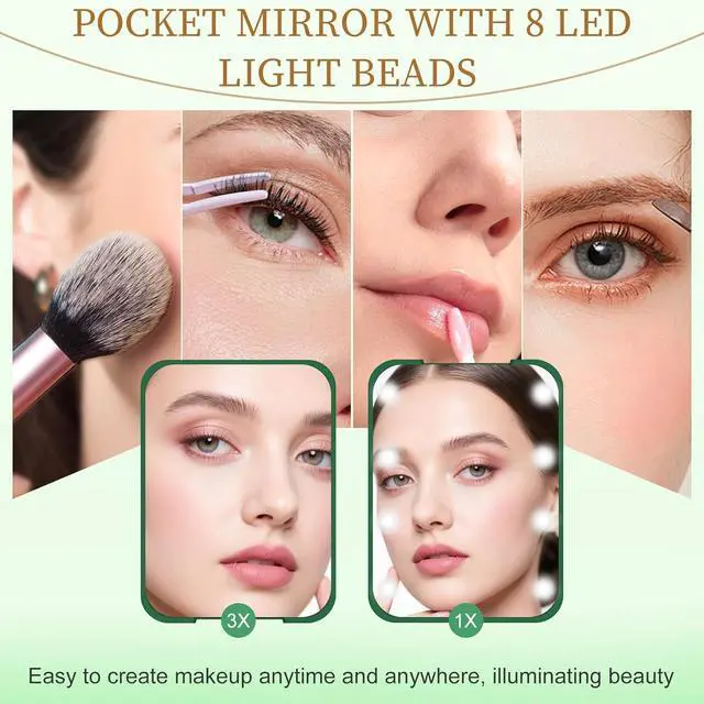Alt view image 2 of 7 - Compact Mirror with Light, 1X/3X Magnification LED Pocket Mirror for Women | Portable, Travel, Purse, Pocket, Gift, green, mini, small, essentials, led, fiberglass, batteries, rectangular