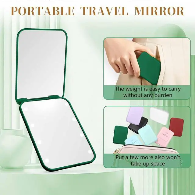 Alt view image 5 of 7 - Compact Mirror with Light, 1X/3X Magnification LED Pocket Mirror for Women | Portable, Travel, Purse, Pocket, Gift, green, mini, small, essentials, led, fiberglass, batteries, rectangular