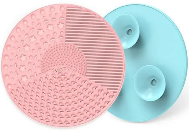 Main image of YalsFTY Silicone Makeup Brush Cleaning Mats with Suction Cups, Set of 2, Portable for Travel, Makeup Brush Cleaner Pads, For All Brush Types (Pink and Blue)