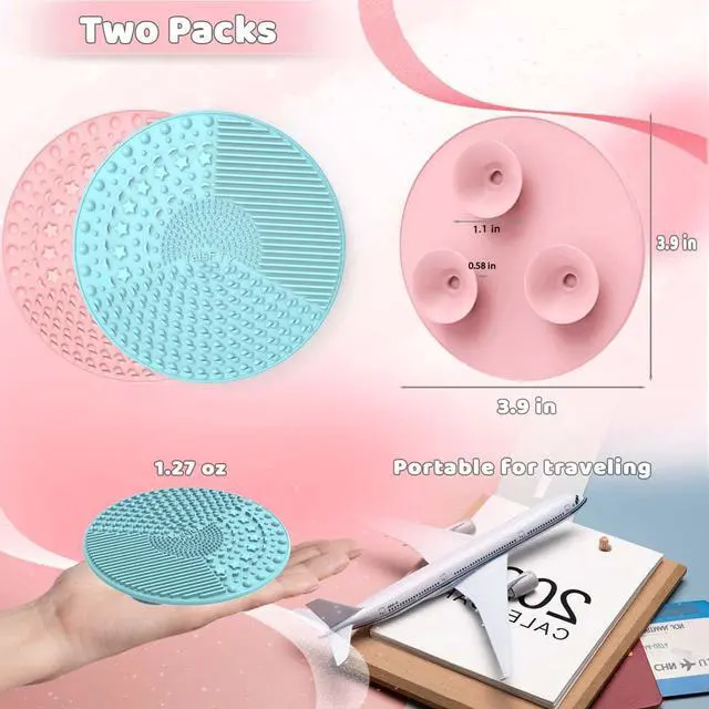 Alt view image 2 of 7 - YalsFTY Silicone Makeup Brush Cleaning Mats with Suction Cups, Set of 2, Portable for Travel, Makeup Brush Cleaner Pads, For All Brush Types (Pink and Blue)
