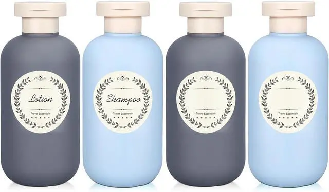 Main image of METAPACK 4Pack 6.8oz Travel Shampoo Bottles with Labels, Refillable Travel Bottles, Flip Top Squeeze Bottles, Portable Plastic Toiletry Containers for Lotion, Conditioner & Body Wash(grey, blue)
