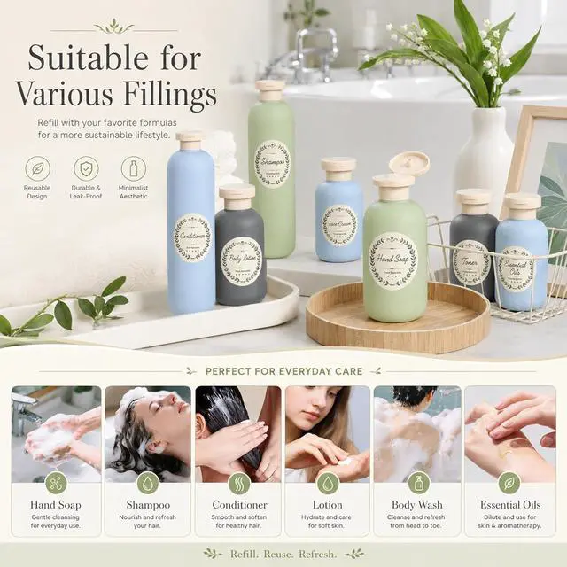 Alt view image 5 of 7 - METAPACK 4Pack 6.8oz Travel Shampoo Bottles with Labels, Refillable Travel Bottles, Flip Top Squeeze Bottles, Portable Plastic Toiletry Containers for Lotion, Conditioner & Body Wash(grey, blue)