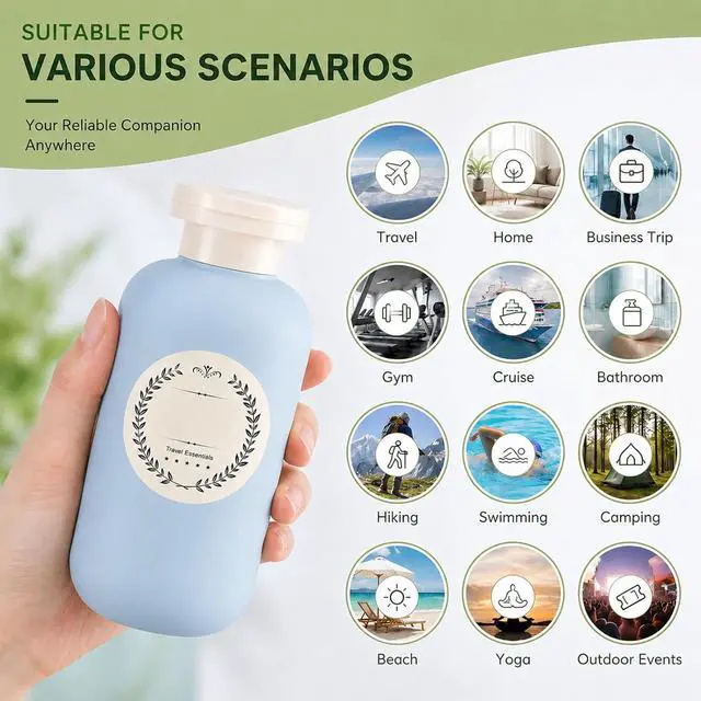 Alt view image 6 of 7 - METAPACK 4Pack 6.8oz Travel Shampoo Bottles with Labels, Refillable Travel Bottles, Flip Top Squeeze Bottles, Portable Plastic Toiletry Containers for Lotion, Conditioner & Body Wash(grey, blue)