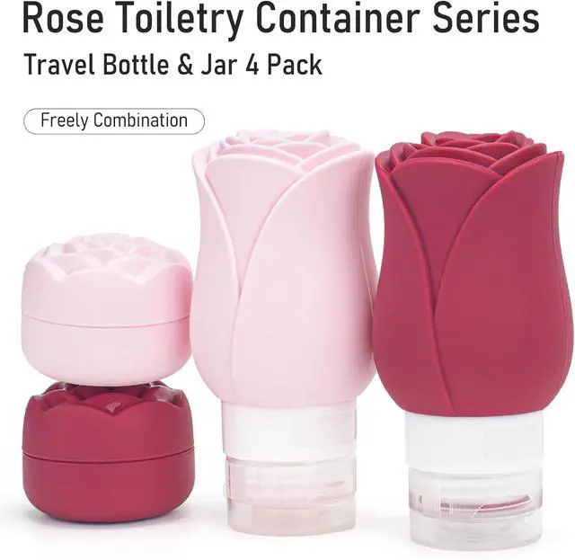 Alt view image 2 of 7 - Travel Containers Bottle for Toiletry 4 Pack 3oz Leakproof TSA Approved & Refillable Mini Cream Jars, Silicone Squeeze Tube Rose Bottles for Shampoo Lotion Body Wash BPA Free +Bag, Red Pink Rose