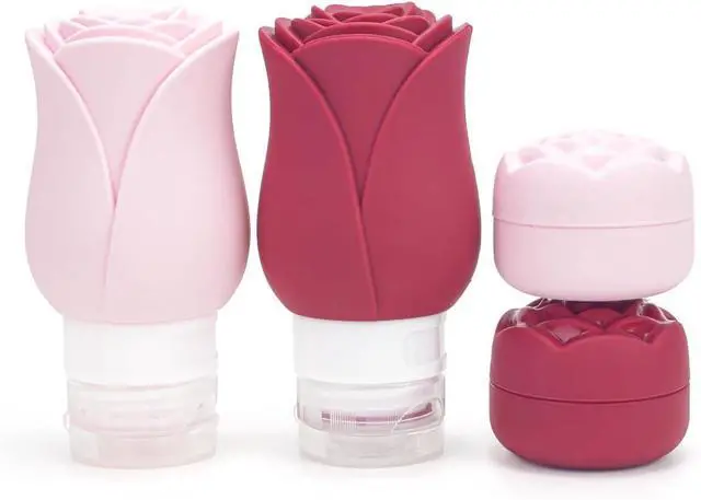 Main image of Travel Containers Bottle for Toiletry 4 Pack 3oz Leakproof TSA Approved & Refillable Mini Cream Jars, Silicone Squeeze Tube Rose Bottles for Shampoo Lotion Body Wash BPA Free +Bag, Red Pink Rose