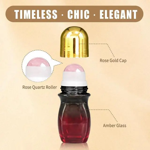 Alt view image 2 of 7 - 50ml Rose Quartz Roller Amber Waisted Glass Bottles for Castor Oil | Empty Refillable Roll-On Bottles with Natural Crystal Roller,Leak-Proof Roller Ball Applicator for Essential Oils, Perfume
