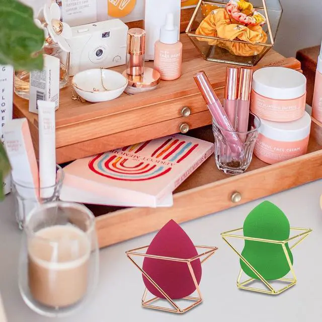Alt view image 6 of 7 - 4 Pcs Makeup Sponge Holder Beauty Sponge Holder Blender Drying Rack Makeup Blender Travel Case Egg Powder Puff Display Stand for Dresser and Vanity (Gold & Rose Gold)