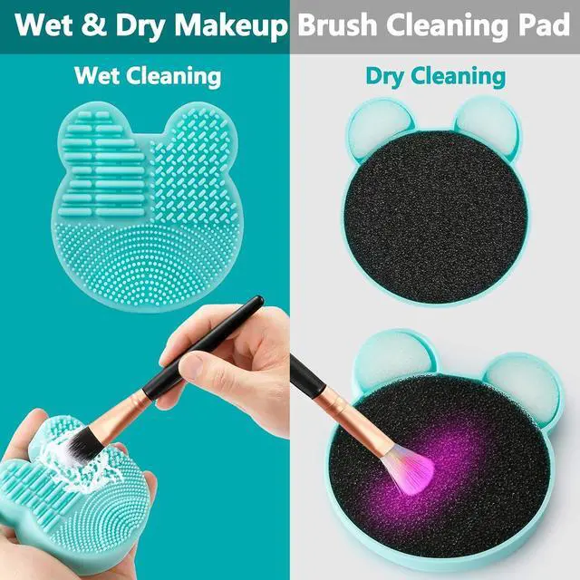 Alt view image 2 of 7 - TailaiMei 2 Pack Makeup Brush Cleaning Mat with Color Removal Sponge, 2 in 1 Design Silicone Cleaner Pad for Dry Brush Color Switch and Wet Cleaning (Blue&Green)