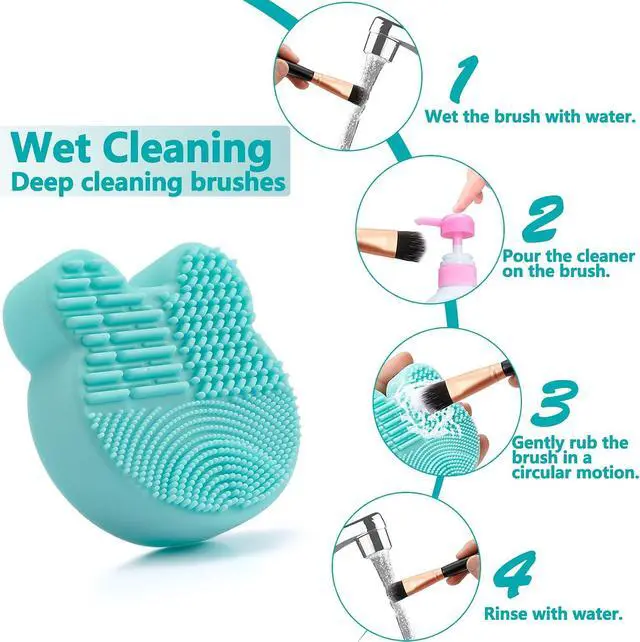 Alt view image 3 of 7 - TailaiMei 2 Pack Makeup Brush Cleaning Mat with Color Removal Sponge, 2 in 1 Design Silicone Cleaner Pad for Dry Brush Color Switch and Wet Cleaning (Blue&Green)