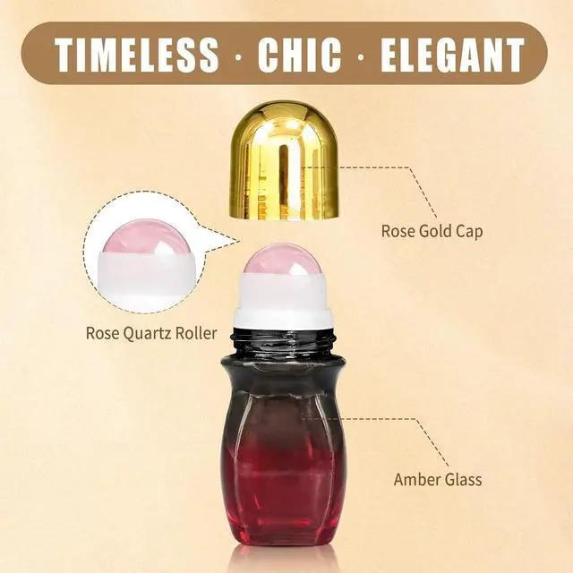 Alt view image 2 of 7 - 30ml Rose Quartz Roller Amber Waisted Glass Bottles for Castor Oil | Empty Refillable Roll-On Bottles with Natural Crystal Roller,Leak-Proof Roller Ball Applicator for Essential Oils, Perfume