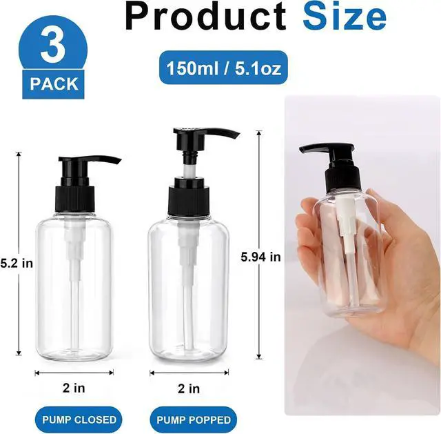 Alt view image 6 of 7 - 3 Pack 5oz (150ml) Empty Pump Bottles Jansburg Clear Lotion Dispensers | Refillable Plastic Bottles Leakproof Containers for Essential Oil Soap Lotion Shampoo
