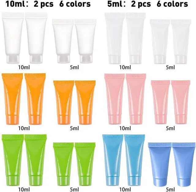 Alt view image 2 of 7 - BENECREAT 24PCS 5ml/10ml 6-Colors Plastic Squeeze Tubes Travel Size Makeup Sample Bottles with 4PCS Funnel and 2PCS 5ml Syringe for Lotion, Cream, Shampoo and Facial Cleaning