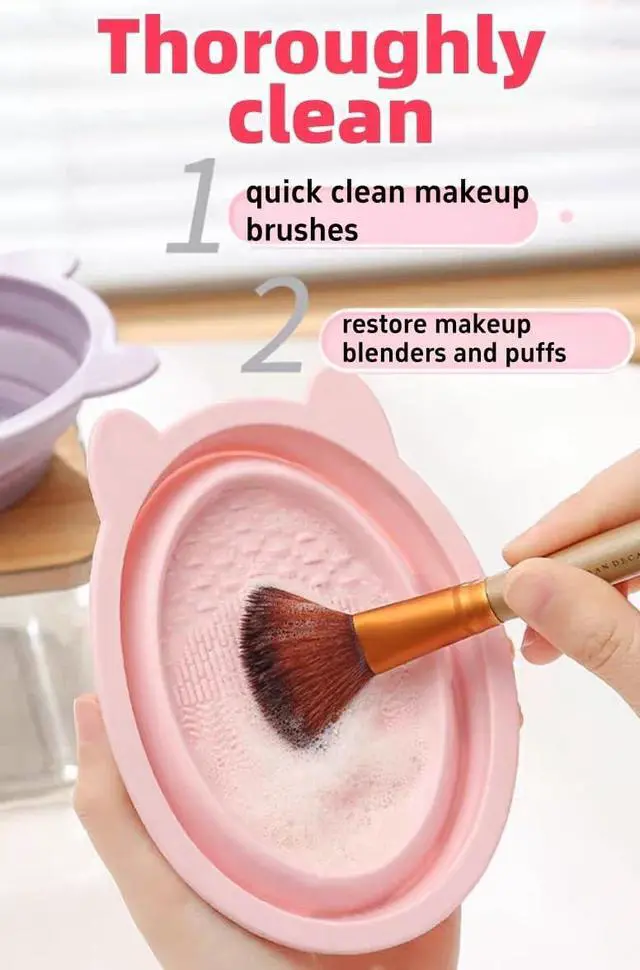 Alt view image 2 of 7 - Silicone Makeup Brush Cleaner Mat, Pink, Foldable Portable Bowl, Beauty Blender Scrubber Pad, Cosmetic Brush Washing Tool with Cat Ear Design (Pink Mat and drying net)