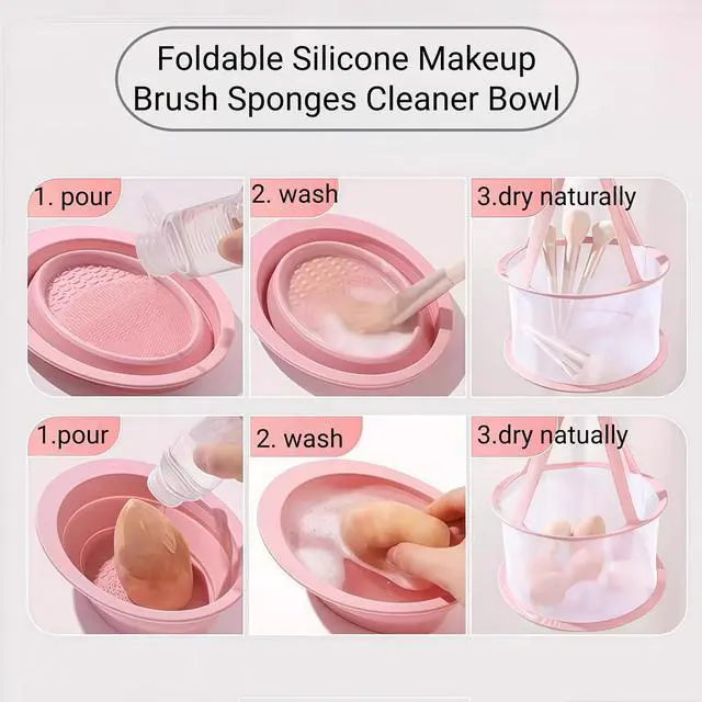 Alt view image 3 of 7 - Silicone Makeup Brush Cleaner Mat, Pink, Foldable Portable Bowl, Beauty Blender Scrubber Pad, Cosmetic Brush Washing Tool with Cat Ear Design (Pink Mat and drying net)