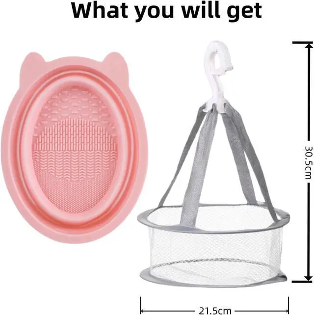 Alt view image 4 of 7 - Silicone Makeup Brush Cleaner Mat, Pink, Foldable Portable Bowl, Beauty Blender Scrubber Pad, Cosmetic Brush Washing Tool with Cat Ear Design (Pink Mat and drying net)