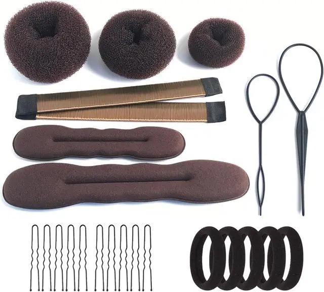 Main image of Hair Accessories Set - Foam Sponge Bun Shapers, Magic French Twist Clip, Snap Bun Makers, Elastic Bands, and Hair Pins (Brown)