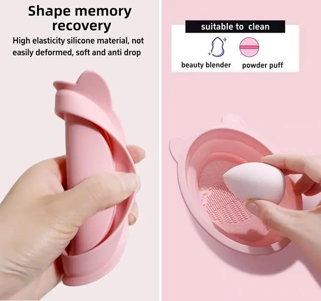 Alt view image 5 of 7 - Silicone Makeup Brush Cleaner Mat, Pink, Foldable Portable Bowl, Beauty Blender Scrubber Pad, Cosmetic Brush Washing Tool with Cat Ear Design (Pink Mat and drying net)