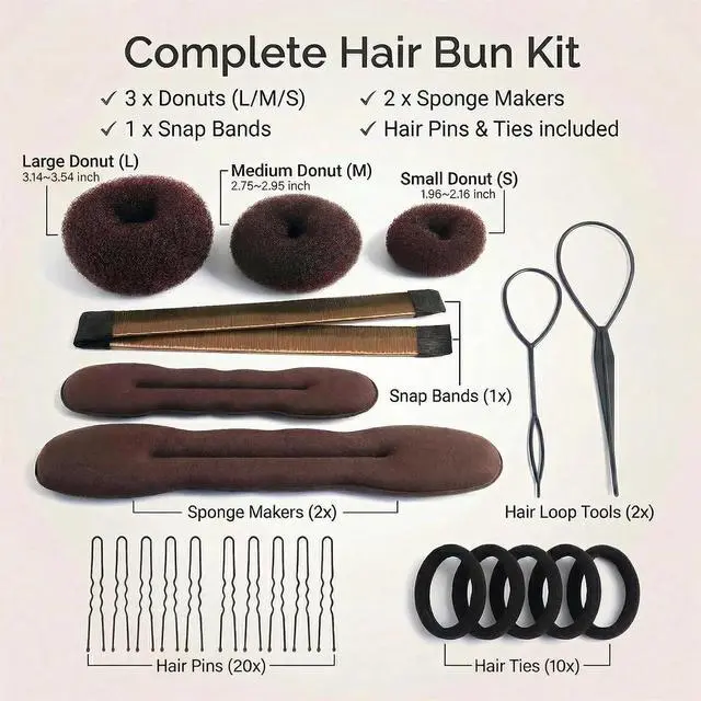 Alt view image 2 of 7 - Hair Accessories Set - Foam Sponge Bun Shapers, Magic French Twist Clip, Snap Bun Makers, Elastic Bands, and Hair Pins (Brown)