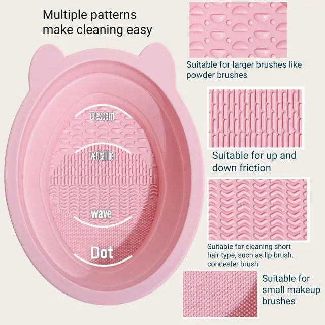 Alt view image 7 of 7 - Silicone Makeup Brush Cleaner Mat, Pink, Foldable Portable Bowl, Beauty Blender Scrubber Pad, Cosmetic Brush Washing Tool with Cat Ear Design (Pink Mat and drying net)