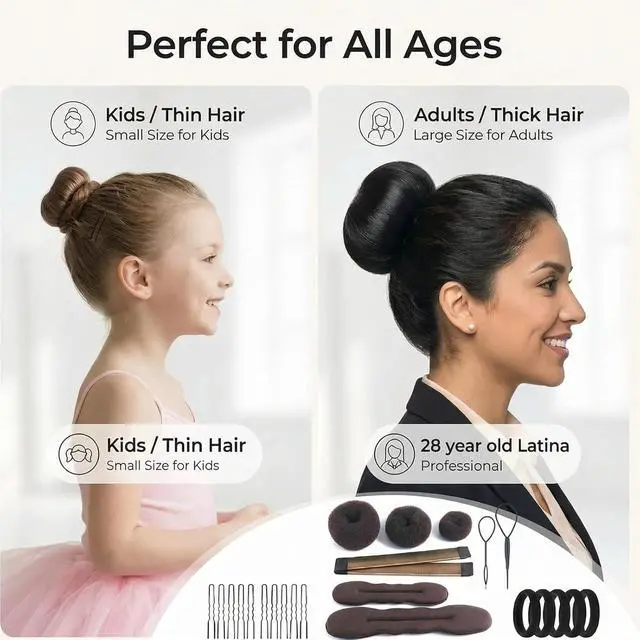 Alt view image 4 of 7 - Hair Accessories Set - Foam Sponge Bun Shapers, Magic French Twist Clip, Snap Bun Makers, Elastic Bands, and Hair Pins (Brown)