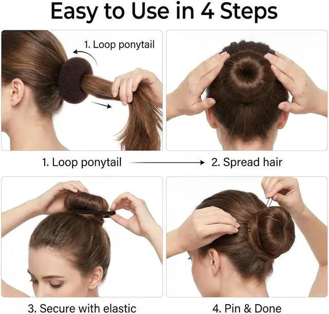 Alt view image 3 of 7 - Hair Accessories Set - Foam Sponge Bun Shapers, Magic French Twist Clip, Snap Bun Makers, Elastic Bands, and Hair Pins (Brown)