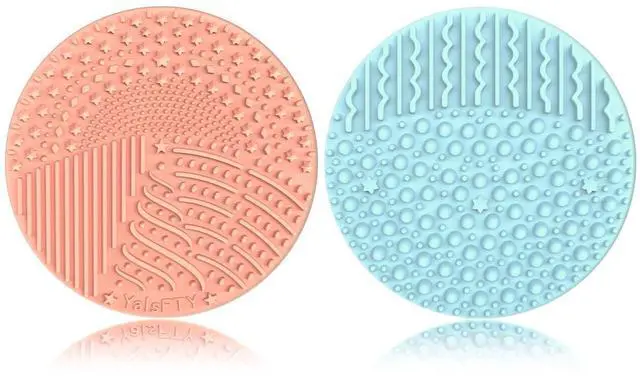 Main image of 2 Pieces Silicone Makeup Brush Cleaner, YalsFTY Cosmetic Brush Scrubber Mat Pad Cleaning Tool, Dual-Sided Functionality to Accommodate All types of Brushes, Powder Puffs and Sponges (Blue & Peach)