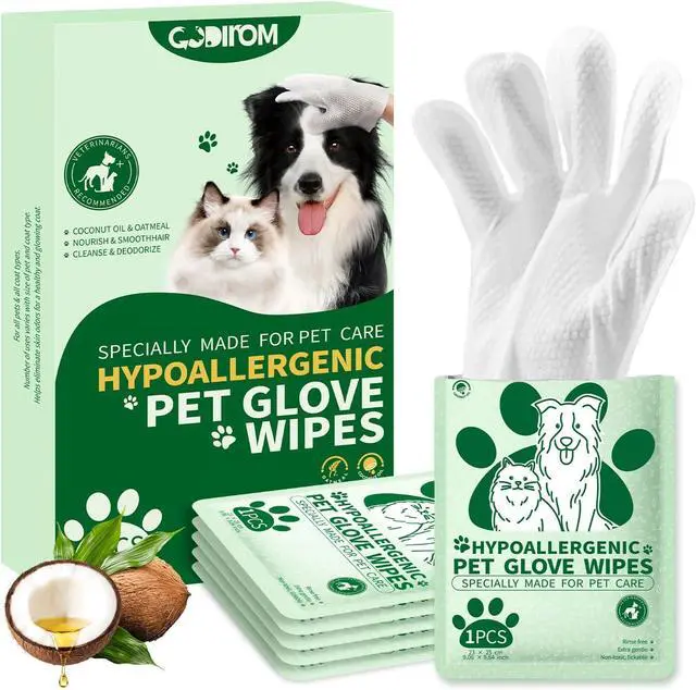 Main image of Pet Cleaning Glove Wipes for Dogs & Cats, 6 Pcs | Thick 90g, No-Rinse Deodorizing, Hypoallergenic, Disposable Bathing Gloves, Coconut Scent