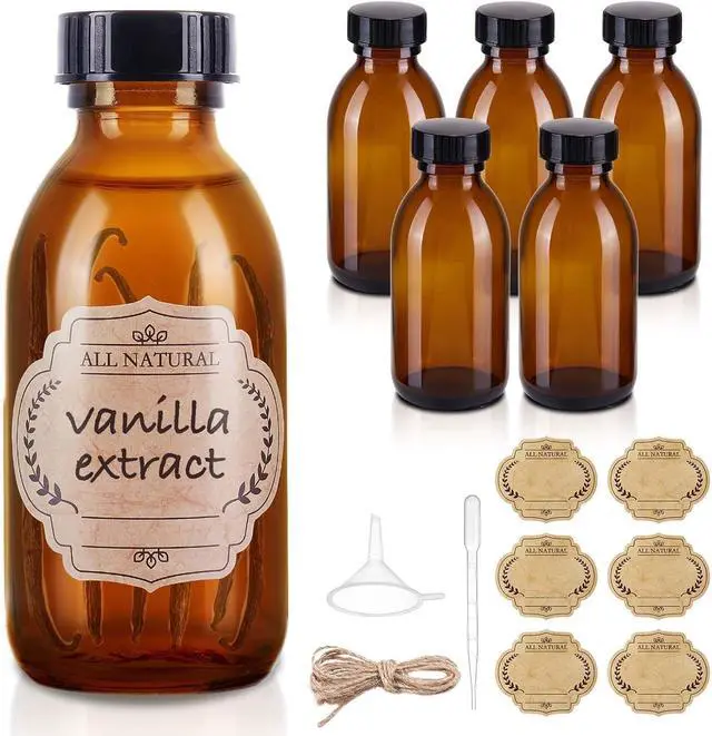 Main image of Vanilla Extract Bottles, 6 Pack 4 oz Amber Glass Bottle with Lids | Small Glass Bottles for Homemade Vanilla Extract, Essential Oils, Juice, Potion, Syrup, Christmas, Holiday Gift