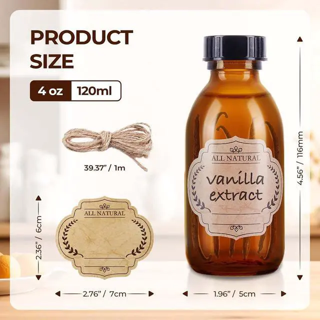 Alt view image 2 of 7 - Vanilla Extract Bottles, 6 Pack 4 oz Amber Glass Bottle with Lids | Small Glass Bottles for Homemade Vanilla Extract, Essential Oils, Juice, Potion, Syrup, Christmas, Holiday Gift