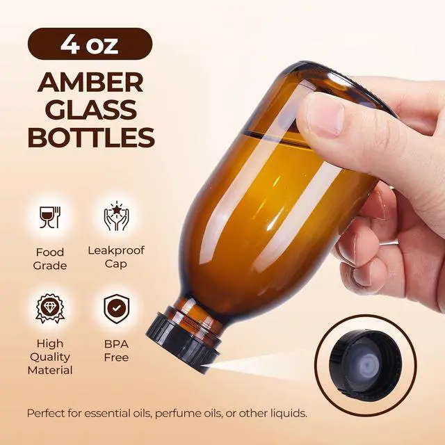 Alt view image 3 of 7 - Vanilla Extract Bottles, 6 Pack 4 oz Amber Glass Bottle with Lids | Small Glass Bottles for Homemade Vanilla Extract, Essential Oils, Juice, Potion, Syrup, Christmas, Holiday Gift