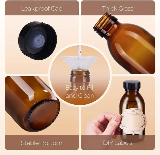 Alt view image 5 of 7 - Vanilla Extract Bottles, 6 Pack 4 oz Amber Glass Bottle with Lids | Small Glass Bottles for Homemade Vanilla Extract, Essential Oils, Juice, Potion, Syrup, Christmas, Holiday Gift