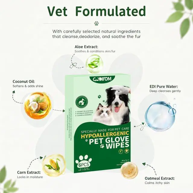 Alt view image 5 of 7 - Pet Cleaning Glove Wipes for Dogs & Cats, 6 Pcs | Thick 90g, No-Rinse Deodorizing, Hypoallergenic, Disposable Bathing Gloves, Coconut Scent