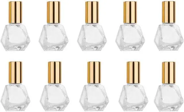Main image of ConStore 10 PCS Mini Portable Polygonal Clear Glass Roller Bottle,8ml/0.27oz DIY Travel Essential Oil Roll On Bottle with Stainless Steel Ball Gold Cap