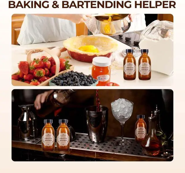 Alt view image 7 of 7 - Vanilla Extract Bottles, 6 Pack 4 oz Amber Glass Bottle with Lids | Small Glass Bottles for Homemade Vanilla Extract, Essential Oils, Juice, Potion, Syrup, Christmas, Holiday Gift