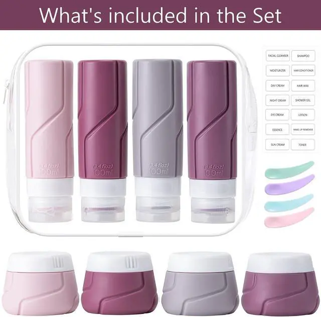 Alt view image 2 of 7 - Travel Bottles for Toiletries 15 Pack, TSA Approved Travel Size Containers 3oz, LeakProof Silicone Squeezable Creams Jars, Refillable Toiletry Bottles for Shampoo, Conditioner (Cranberry)
