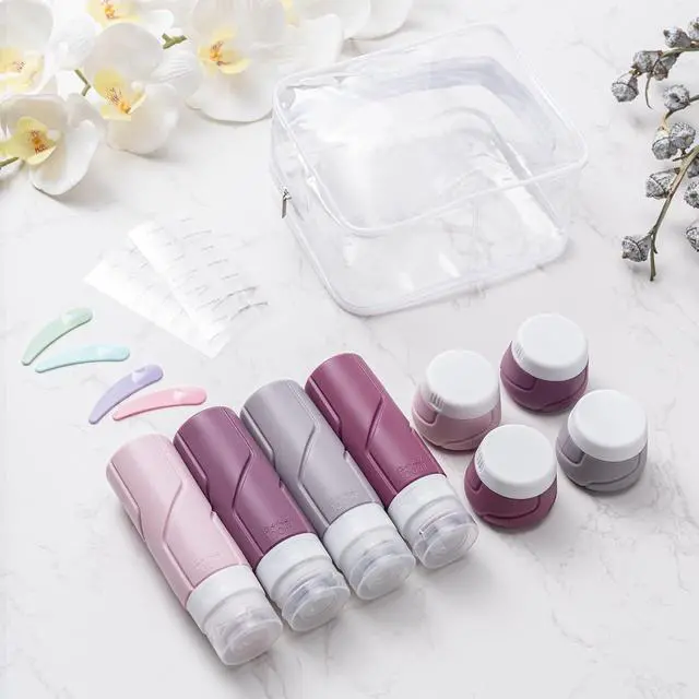 Alt view image 3 of 7 - Travel Bottles for Toiletries 15 Pack, TSA Approved Travel Size Containers 3oz, LeakProof Silicone Squeezable Creams Jars, Refillable Toiletry Bottles for Shampoo, Conditioner (Cranberry)
