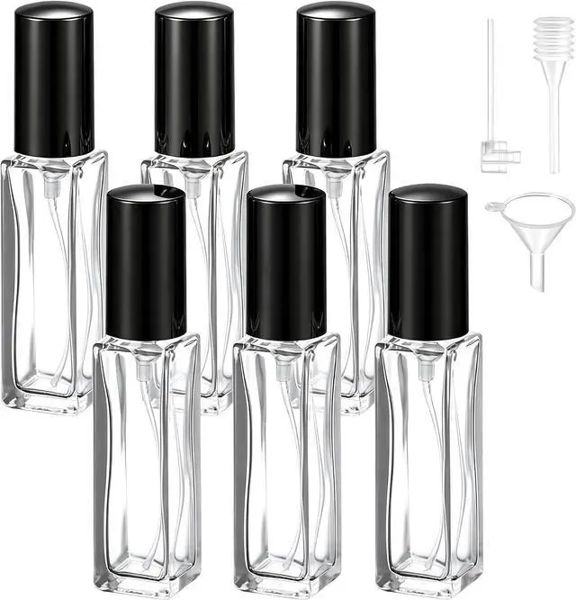 Main image of Perfume Travel Refillable, 6 Pcs 10 ml Glass Atomizers (Black) | Leak-resistant fine mist spray, mini perfume bottle set with filling tools, portable for travel, gym, office and daily use