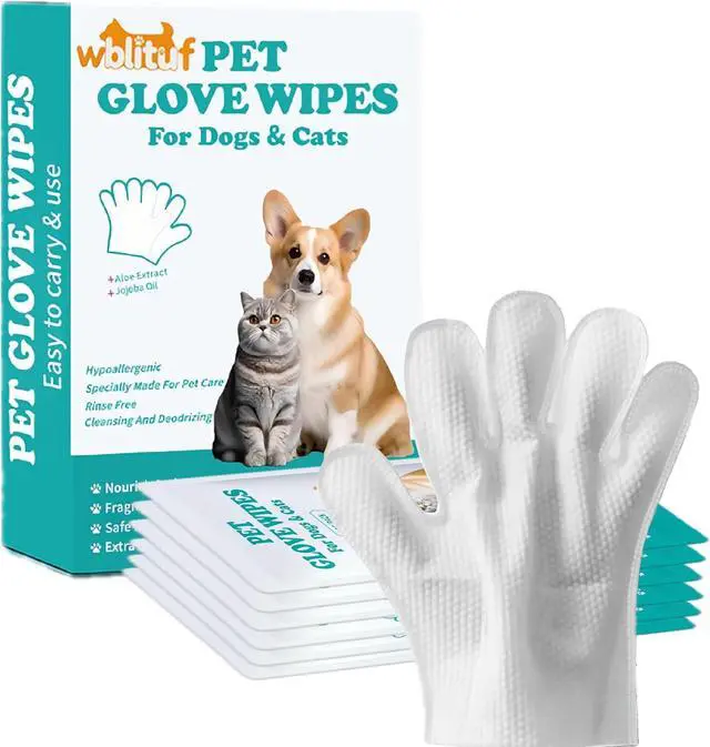 Main image of Pet Cleaning Glove Wipes 6 Count | Individually Wrapped Disposable Grooming Glove Wipes with Aloe & Jojoba Oil, Waterless No-Rinse Odor Contro